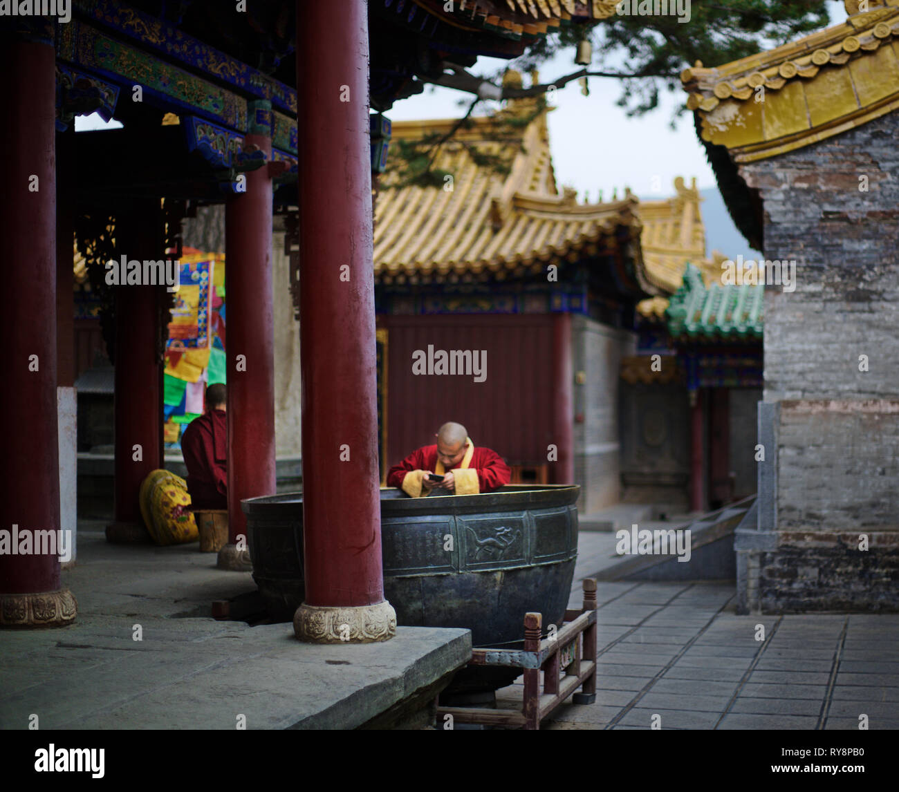 Little monk with is mobile phone, Wutai Shan, Shanxi, China Stock Photo