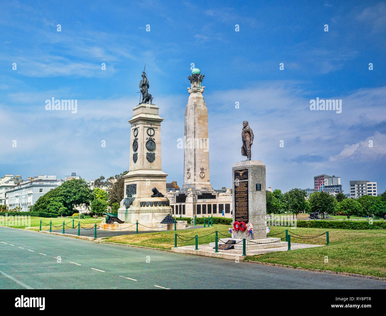 8 June 2018: Plymouth, Devon, UK - Monuments or war memorials on Plymouth Hoe - left to right, the Armada Monument, the Royal Navy Monument and the Ro Stock Photo