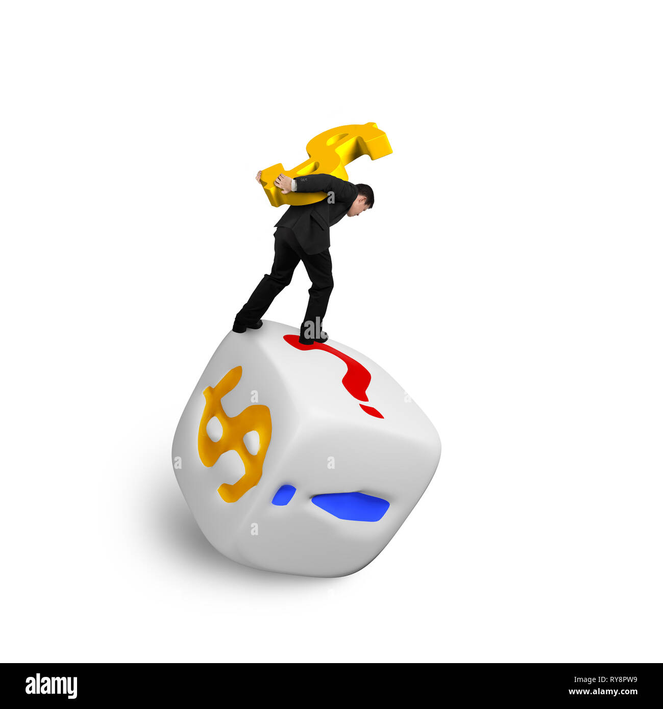 Businessman carrying gold USD symbol balancing on dice of dollar sign