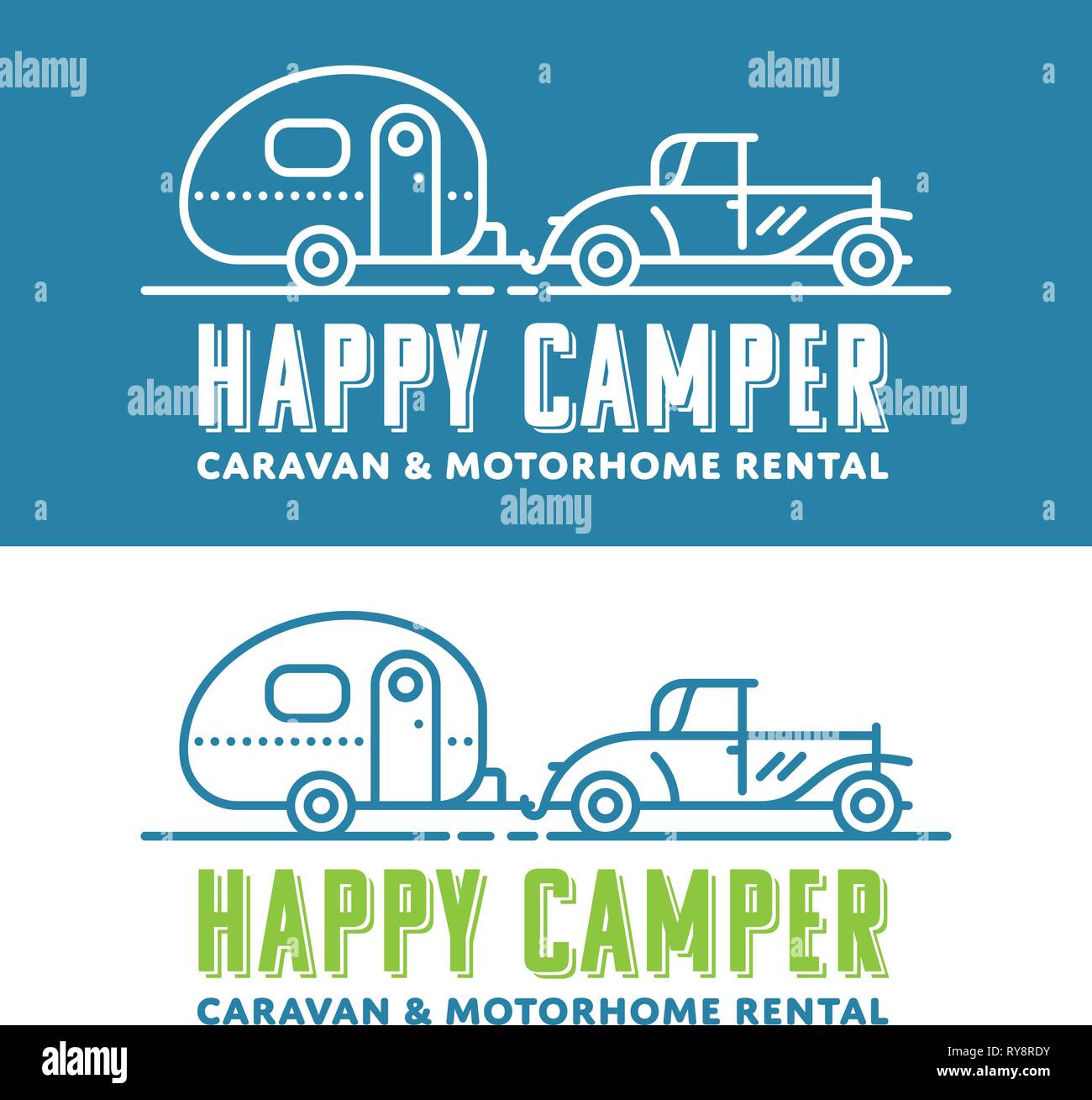 Retro caravaning vector logo template with vintage car and caravan Stock Vector