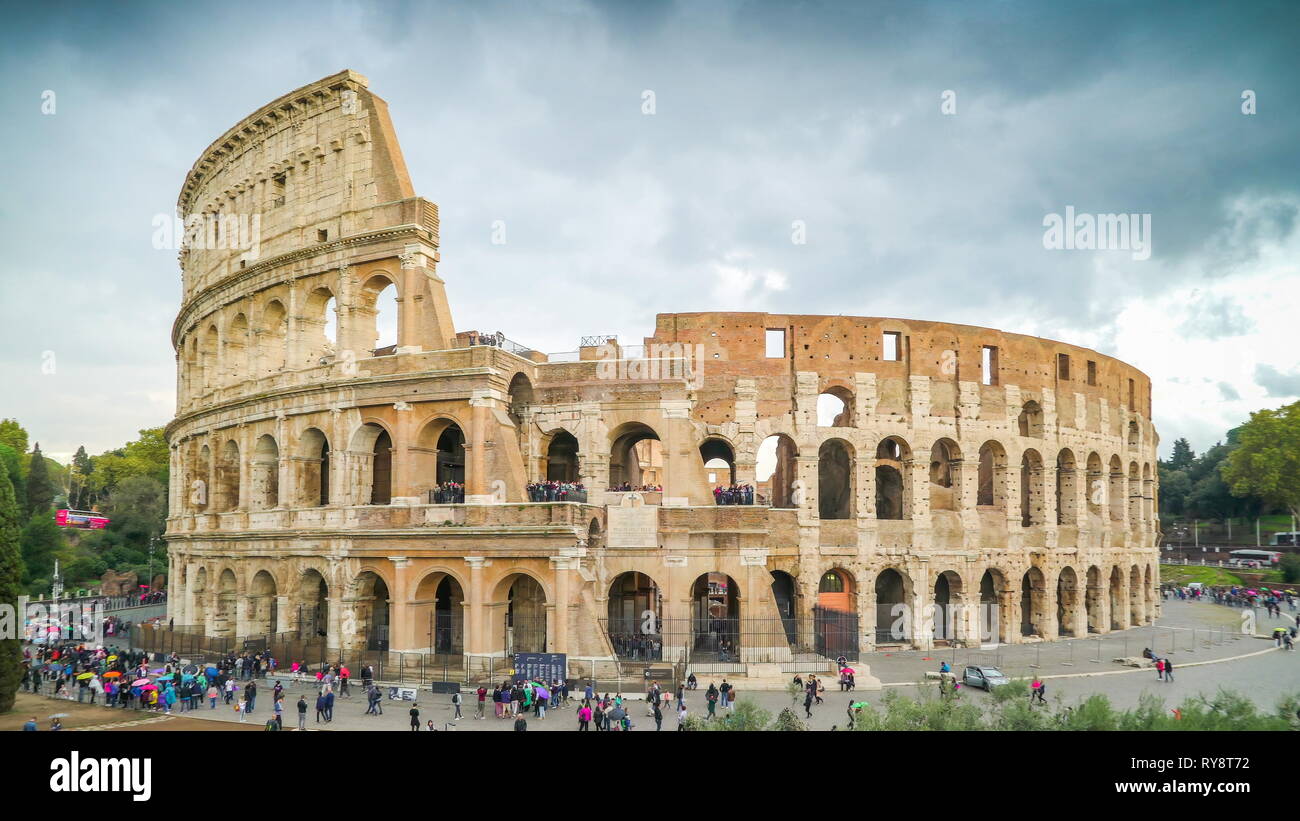 The ancient landmark in Rome Italy called the Colosseum with lots of ...