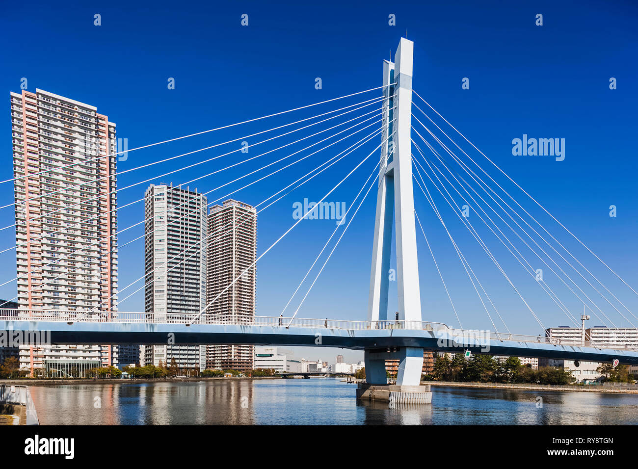 Japan, Honshu, Tokyo, Toyosu, Shinonome, Tatsuma Sakurabashi Bridge and Shinonome Area Skyline Stock Photo