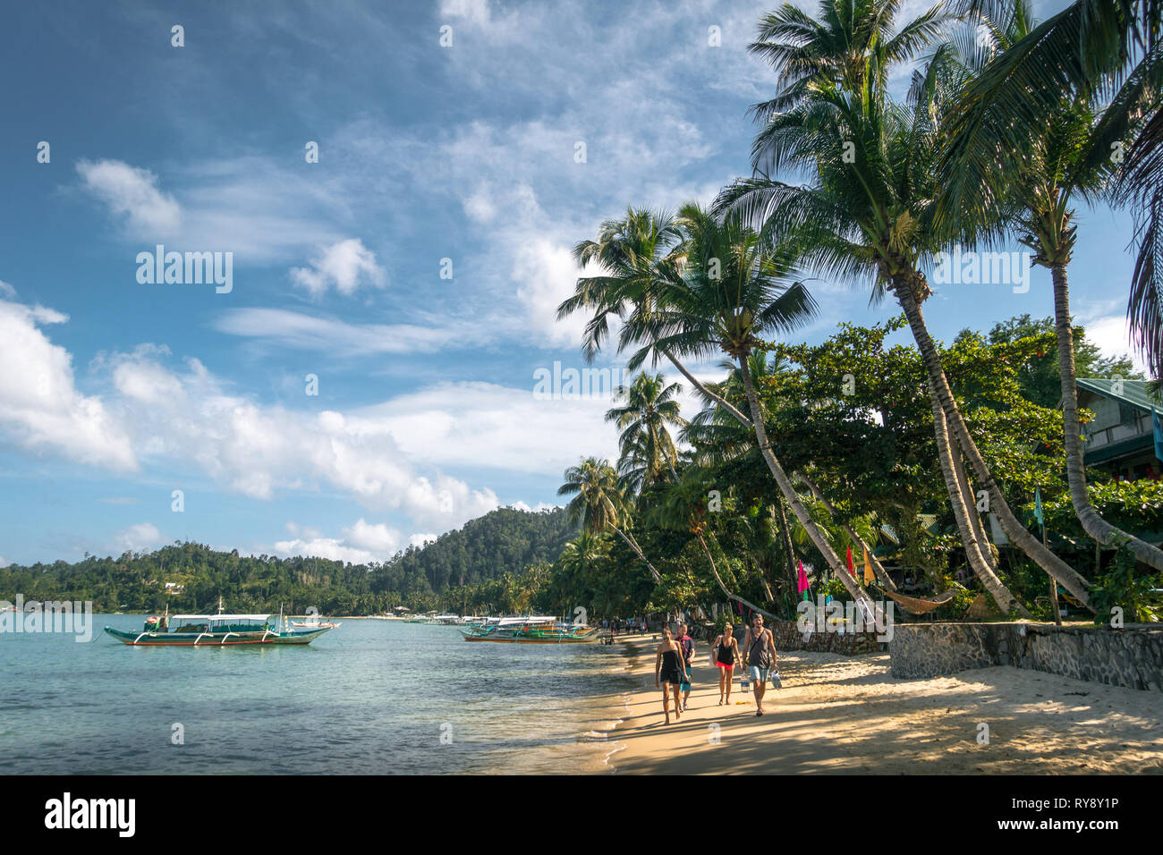 European tour group walking under coconut trees on the beach Port Barton, Palawan