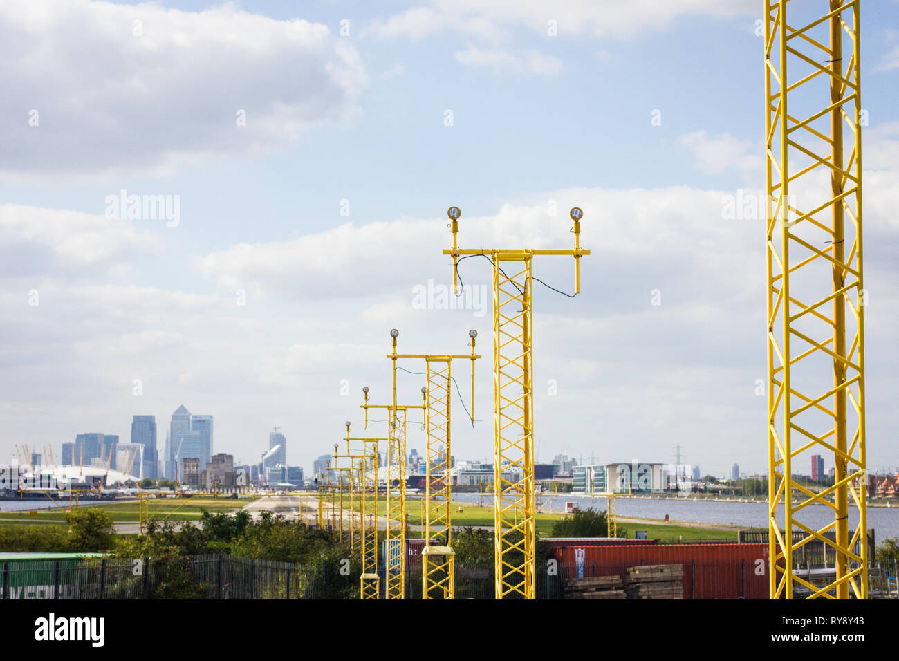 View towards Canary Wharf from London City Airport Stock Photo