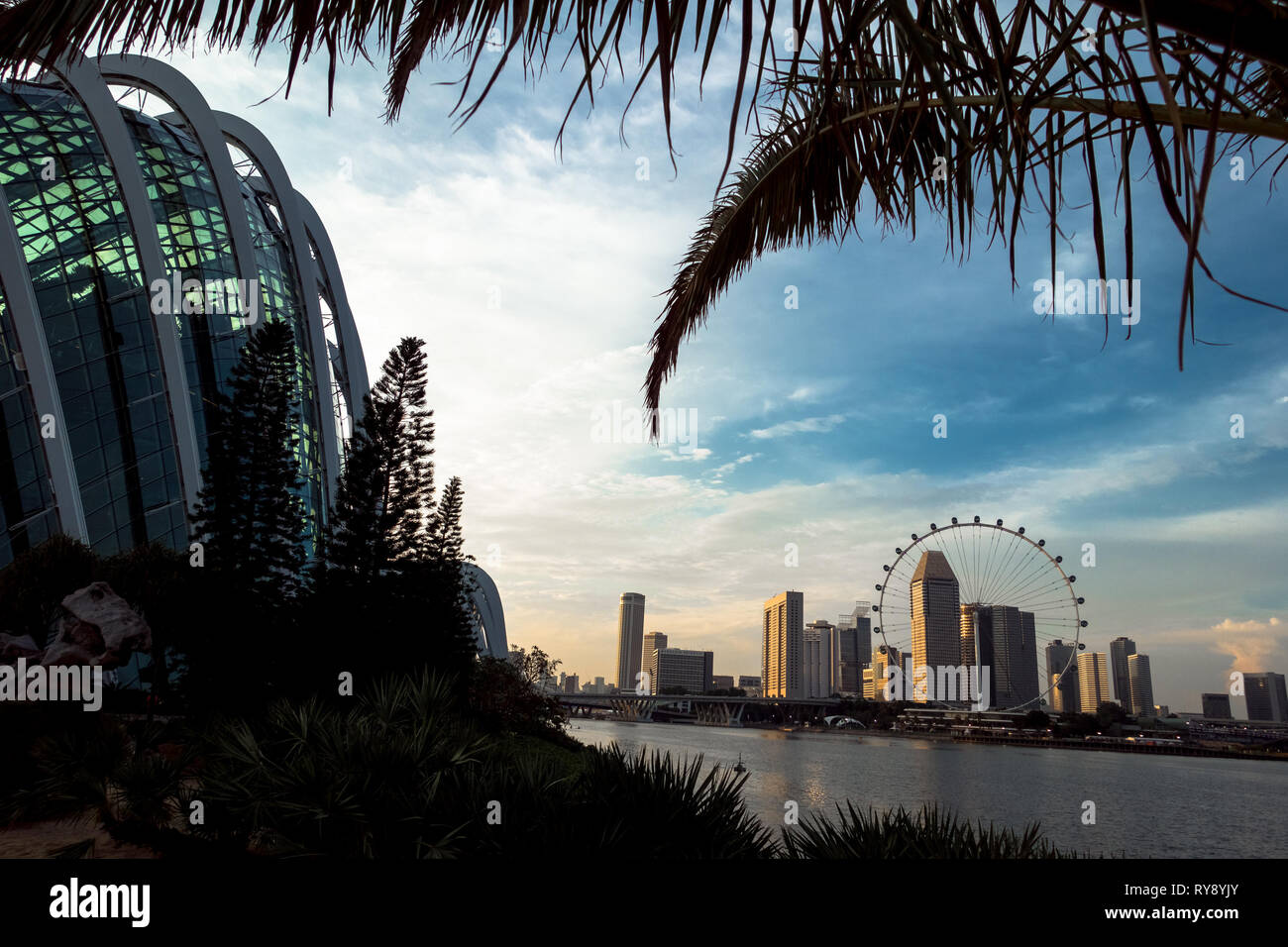 Flower Dome and Downtown buildings with Singapore Flyer Ferris Wheel, from Gardens By The bay - Singapore Stock Photo