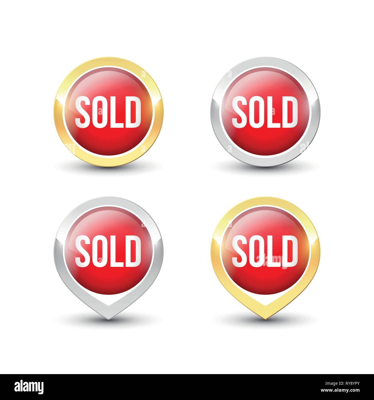 Red round SOLD buttons and pointers with metallic gold and silver border. Vector label icons isolated on white background. Stock Vector
