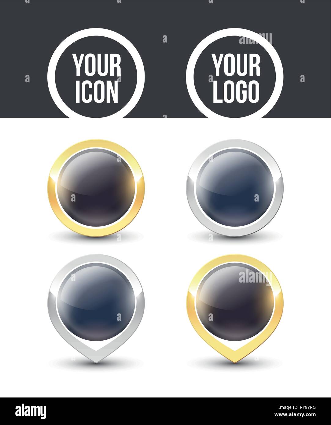 Black round buttons and pointers with metallic gold and silver border, empty to place your logo. Vector label icons isolated on white background. Stock Vector