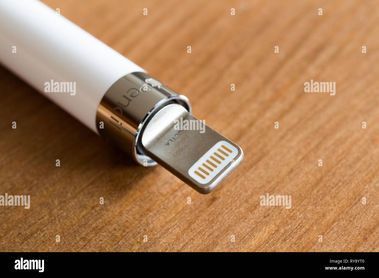 Apple Pencil 2015 1st generation for iPad Pro, lightning connector macro Stock Photo