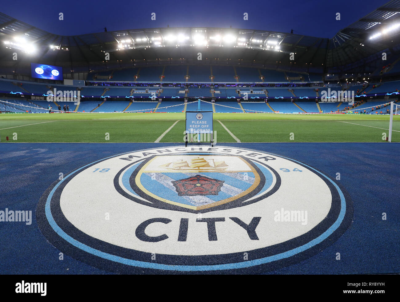 A general view of the Allianz Arena and UEFA Champions League branding  pitch side before the match Stock Photo - Alamy