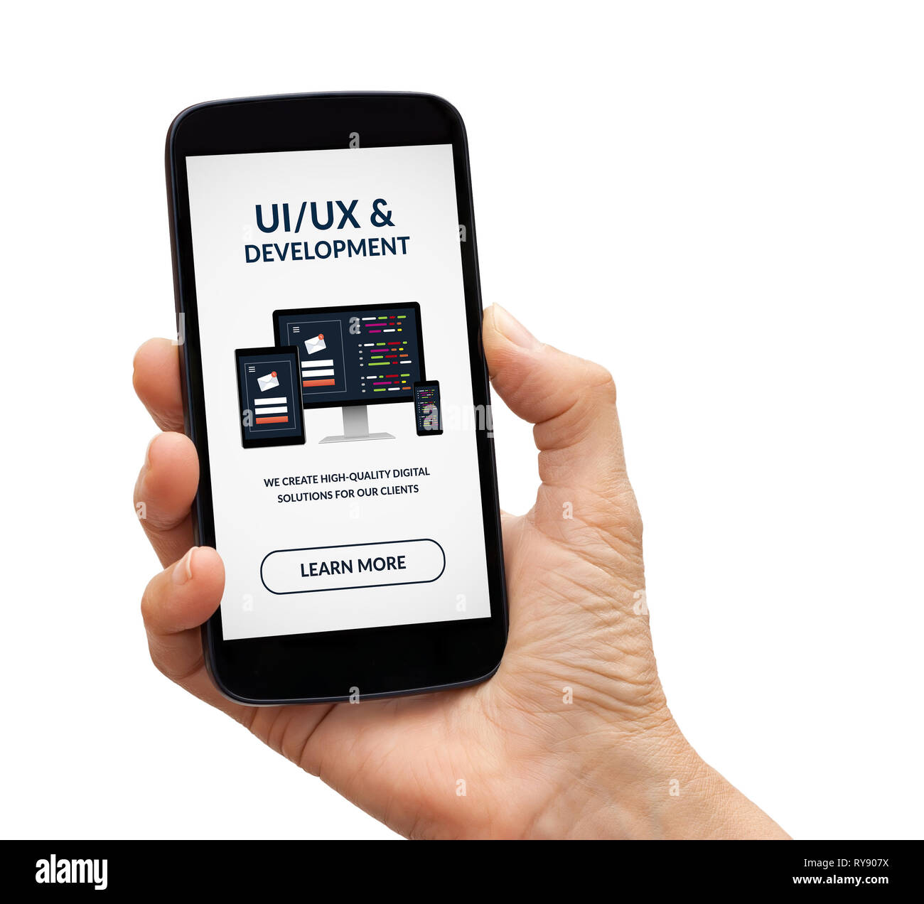 Hand holding a black smart phone with UI/UX design and development ...