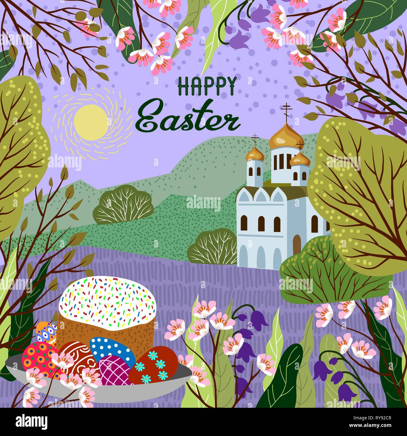Easter. Vector cute illustration with nature landscape and church Stock Vector