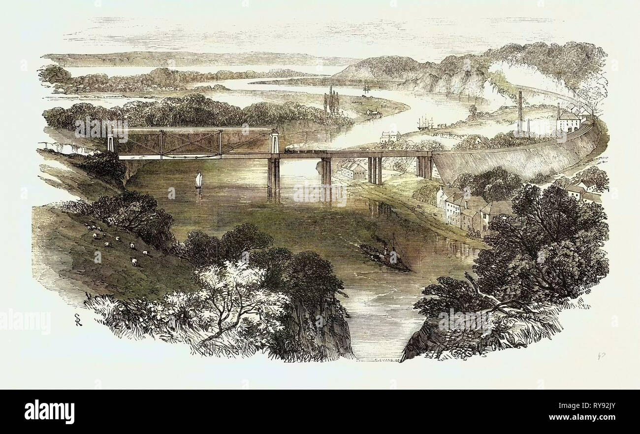 South Wales Railway, the Chepstow Tubular Suspension Bridge, and Junction of the Wye and Severn Rivers, 1852, Opening of the Chepstow Bridge Stock Photo