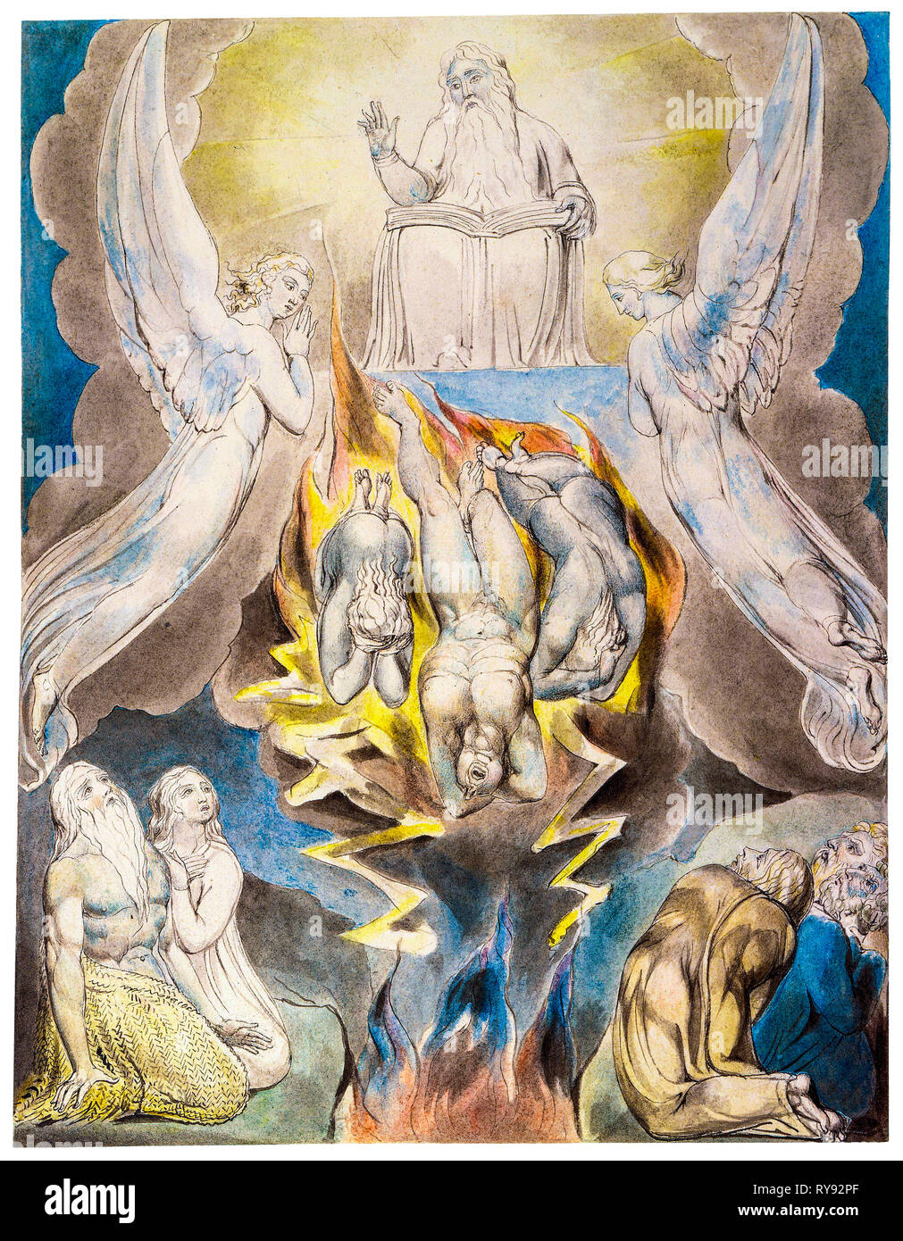 The Fall of Satan, watercolour painting over pen and ink illustration ...