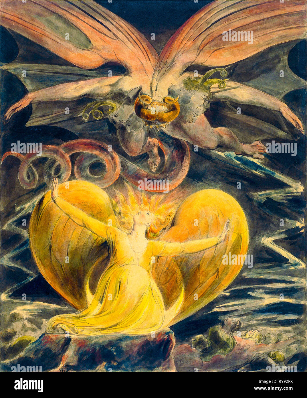 The Great Red Dragon and the Woman Clothed with the Sun, watercolour painting over pen and ink by William Blake, 1805 Stock Photo