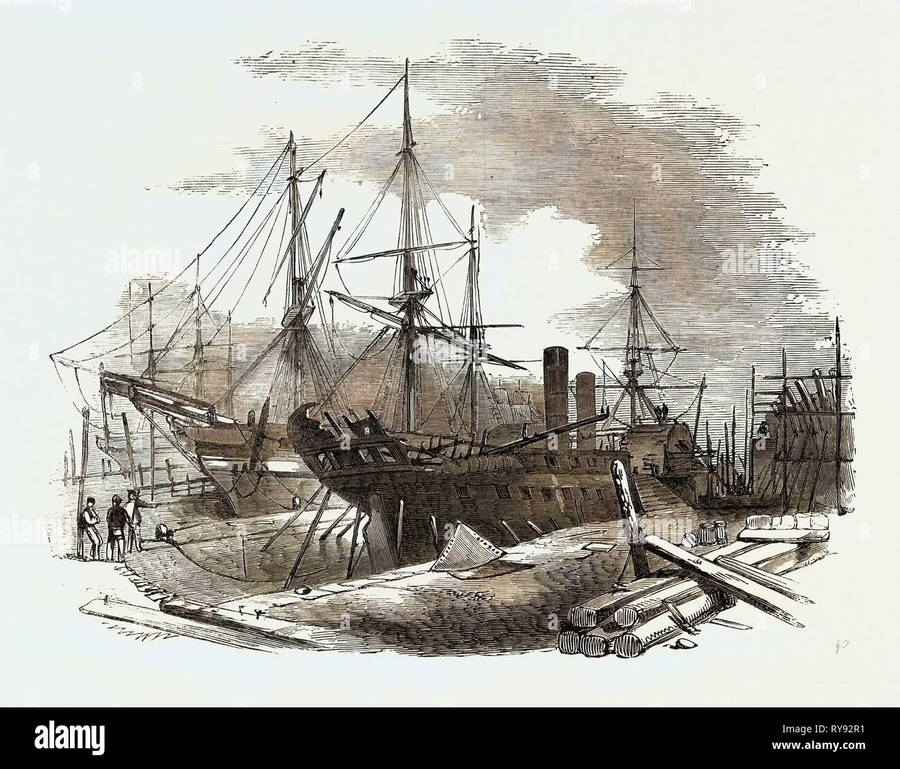 The Indus Steamship Partly Destroyed by Fire, in Messrs. Wigram's Dry Dock, Blackwall, 1852 Stock Photo
