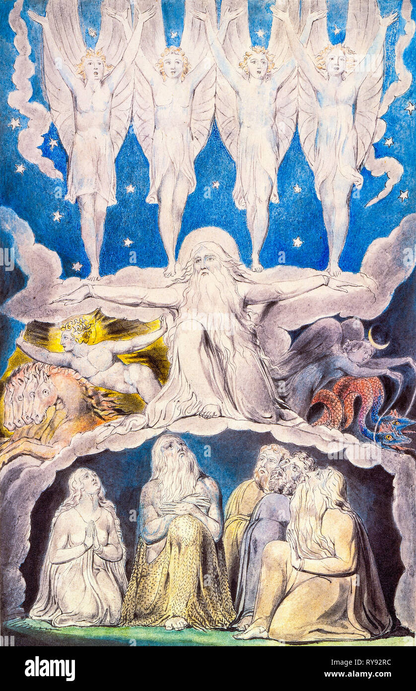 When the Morning Stars Sang Together, watercolour painting over pen and ink by William Blake, 1805 Stock Photo