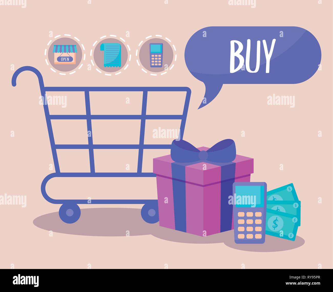shopping cart with commercial icons vector illustration design Stock ...