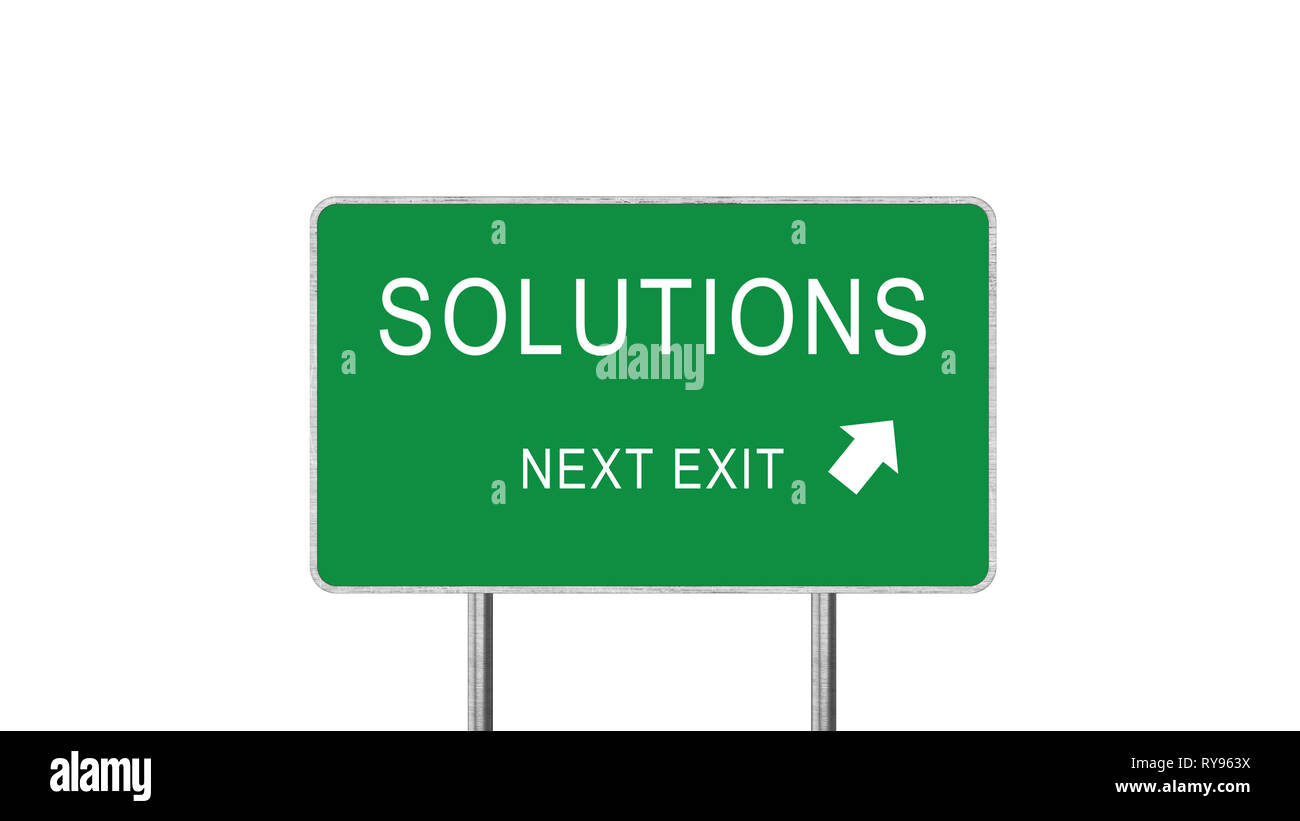 Solutions Next Exit Green Road Sign With Direction Arrow Isolated On White Background. Business