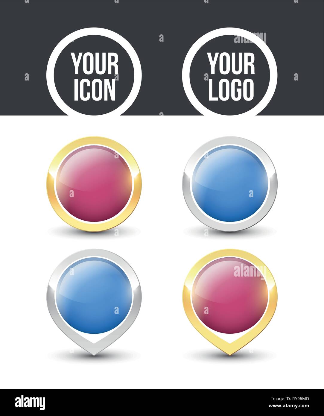Purple and blue round buttons and pointers with metallic gold and silver border, empty to place your logo. Vector label icons isolated on white backgr Stock Vector