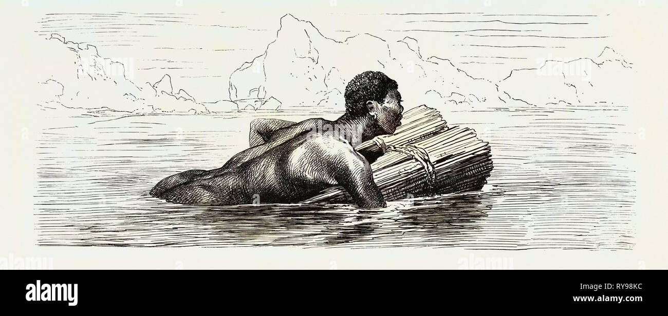 NUBIAN SWIMMING ON A BUNDLE OF REEDS. Egypt, engraving 1879 Stock Photo