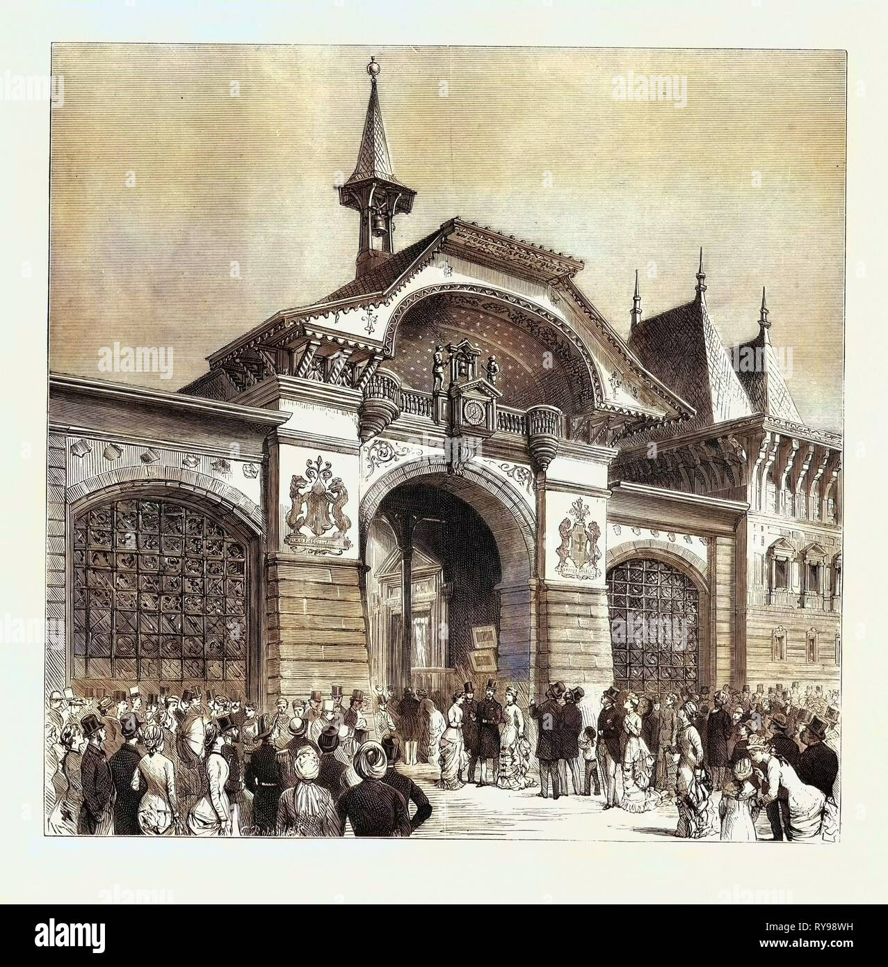 The Swiss Pavilion in the International Street, Waiting to Hear the Clock Strike, the Paris Exhibition, France Stock Photo