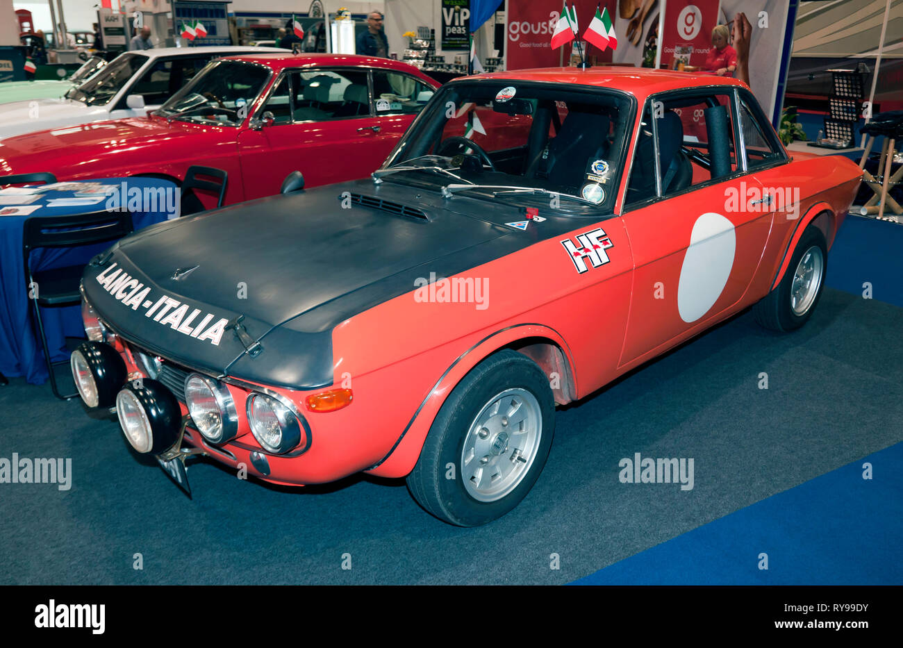 Three-quarter front-view of a Lancia Fulvia 1600 HF on display at the 2019 London Classic Car Show Stock Photo