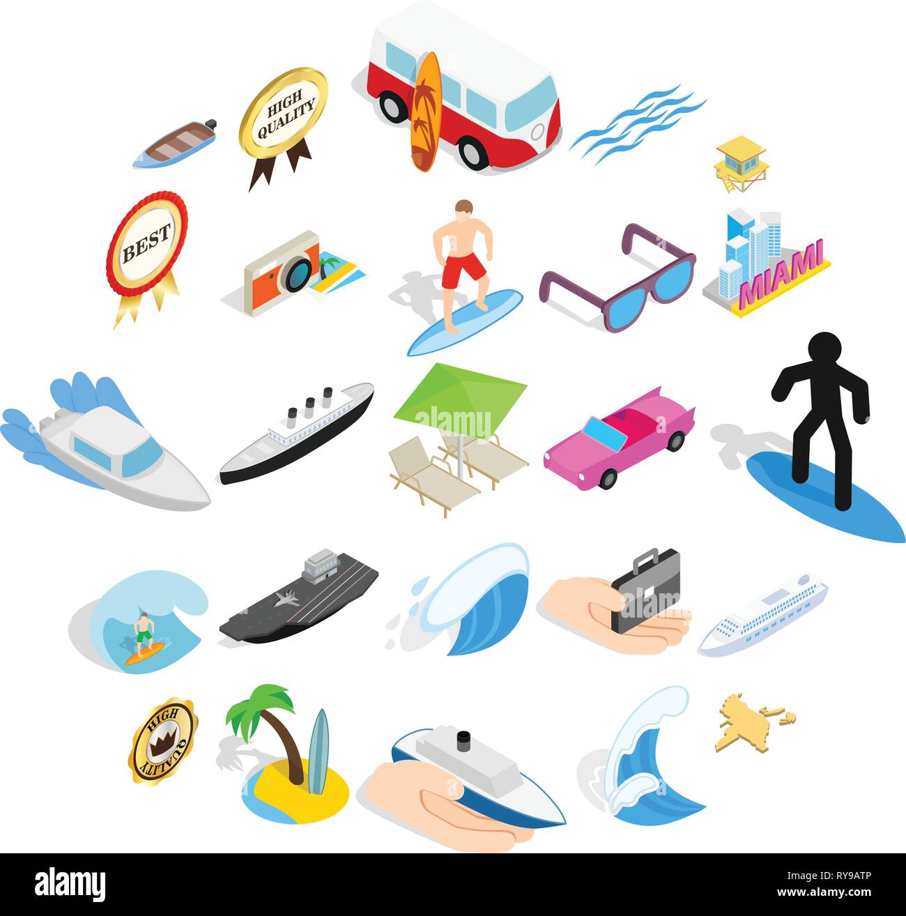 Beach holidays icons set, isometric style Stock Vector