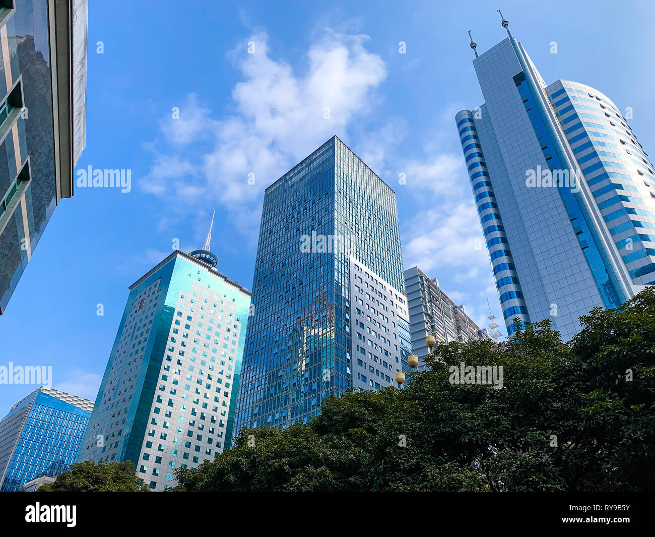 Skyscrapers from a low angle view at Wusi Financial District in Fuzhou ...