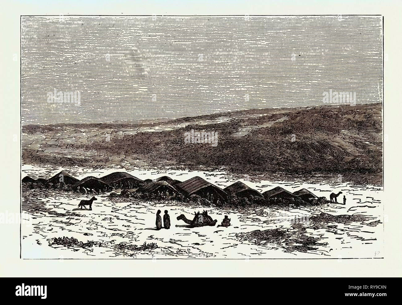 A DOUAR, OR ENCAMPMENT OF BEDOWEENS. Douar Doukkara is a settlement in the western part of Morocco Stock Photo