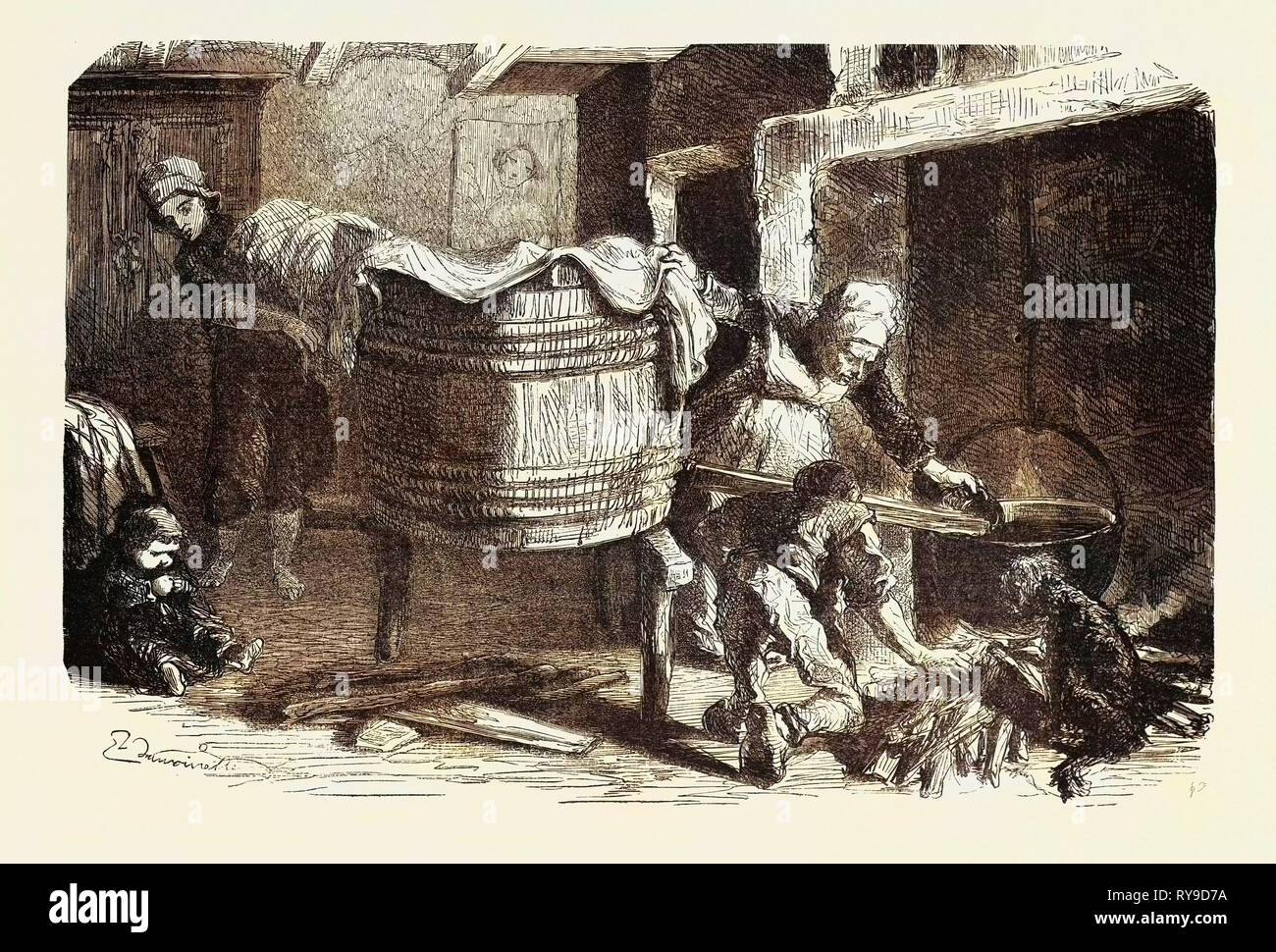 SCENES OF COUNTRY LIFE: The laundry. Studies by Damourette. engraving 1855 Stock Photo
