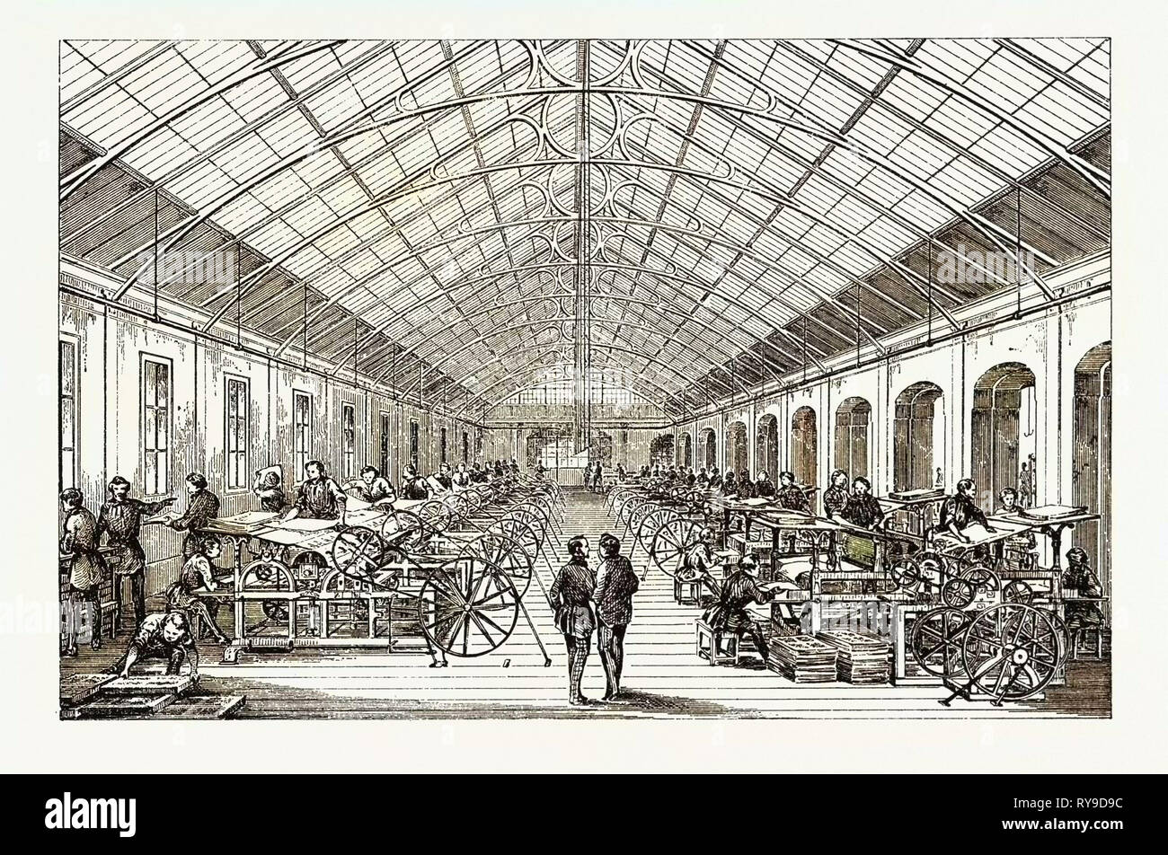 Universal Exposition: Workshop Mecanical Presses. Paris, France, Exposition Universelle. An International Exhibition Held on the Champs-Elysees in 1855, Consisting of an Industrial and an Beaux Arts Exposition. Engraving Stock Photo