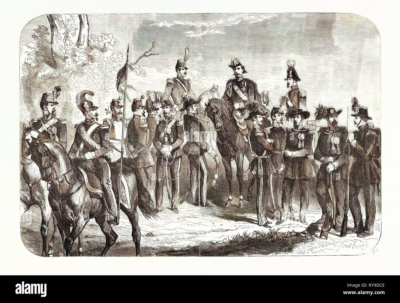 Uniforms of the Army of Sarde. Cavalry. Dragon-Lancer. Sapper. Offic. of Reg. of Savoy. Offic. Artillery. Staff. Off. Staff, Guards of Sardinia and the Bersaglieri. Rifleman Gendarme. General. Colonel. Policeman on Foot. Engraving 1855 Stock Photo