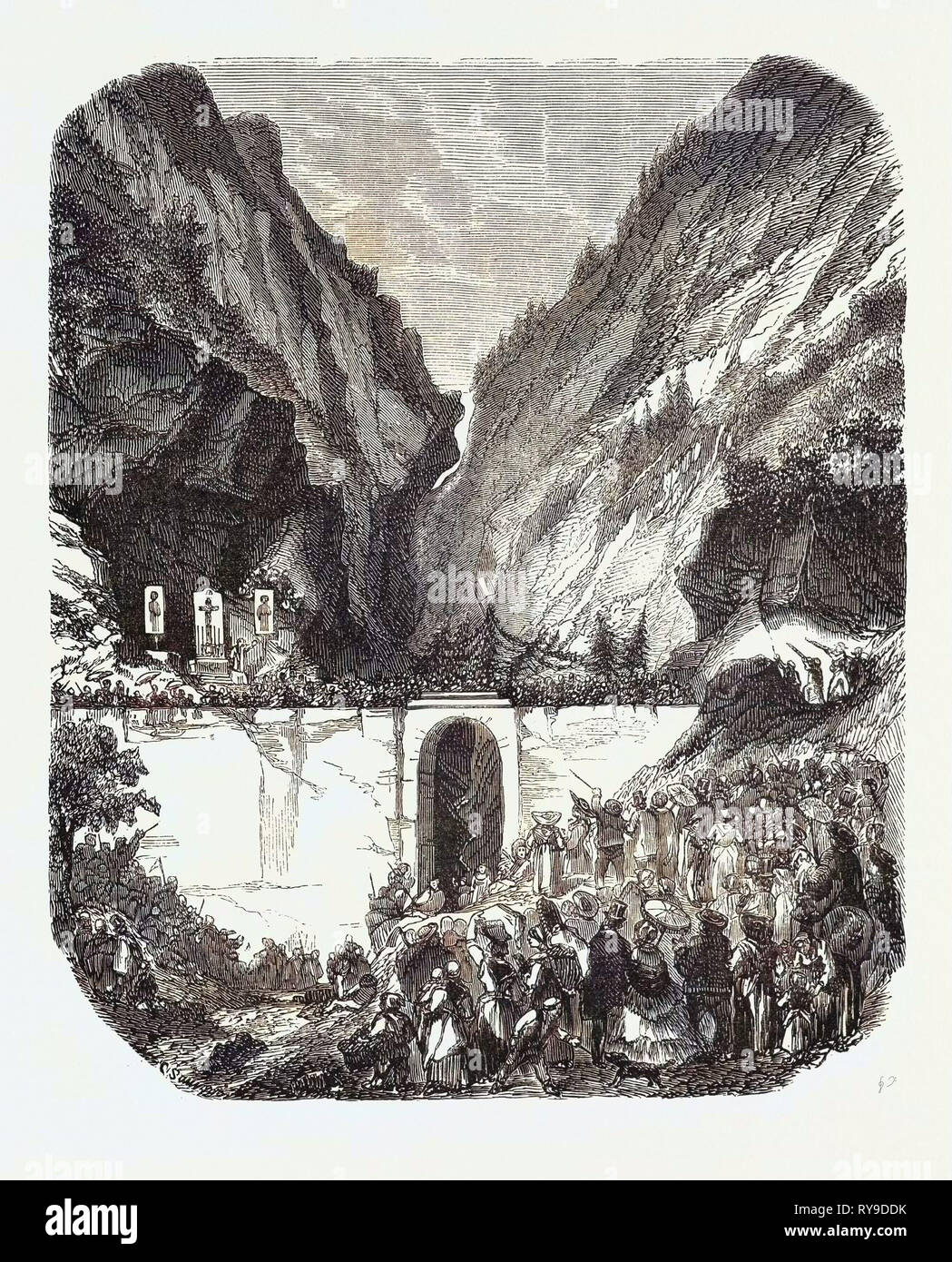 Opening Ceremony of the New Road Bridge Queyras (Hautes-Alpes), France. Engraving 1855 Stock Photo