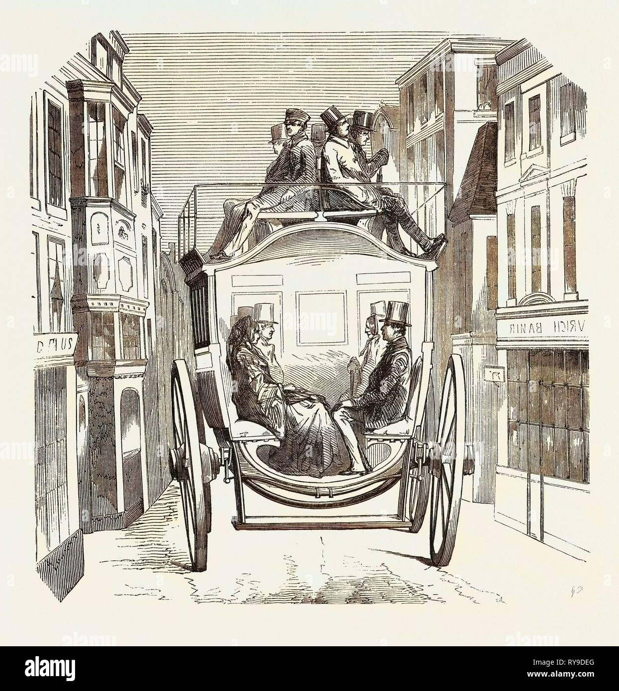 Model Adopted by the New Bus Company from the City of London. Interior Trim. 1855, UK. Engraving Stock Photo