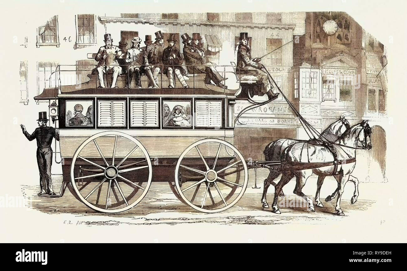 Model Adopted by the New Bus Company from the City of London. Exterior Elevation. 1855, UK. Engraving Stock Photo