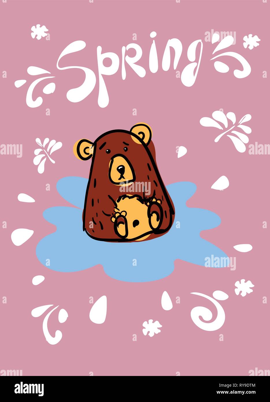Card design with a contour pattern of cute bear by hand, in a blue puddle on a gently pink background. Inscription Spring. The spots are brown and Stock Vector