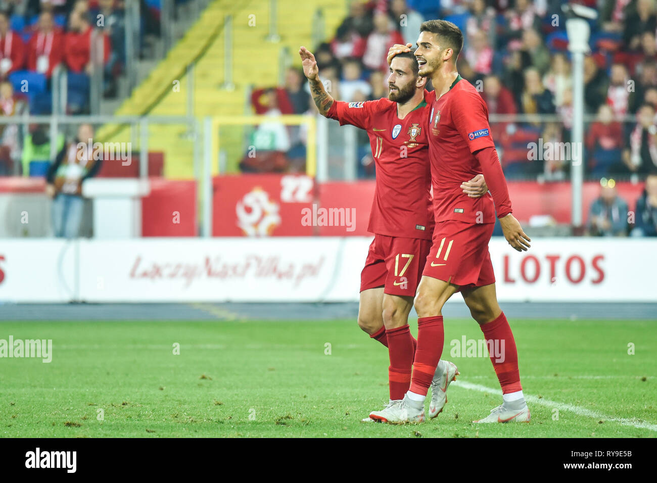 CHORZOW, POLAND - OCTOBER 11, 2018: Football Nations League division A group 3 match Poland vs Portugal 2:3 . In the picture Rafa Silva (L) and Andre  Stock Photo