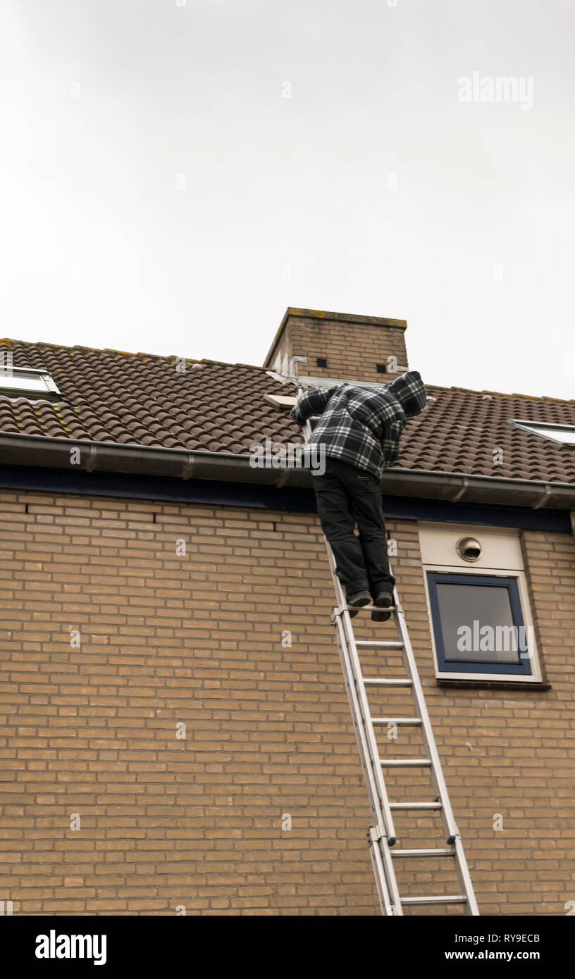 man climbing on a ladder doing inspection of the roof of a house Stock