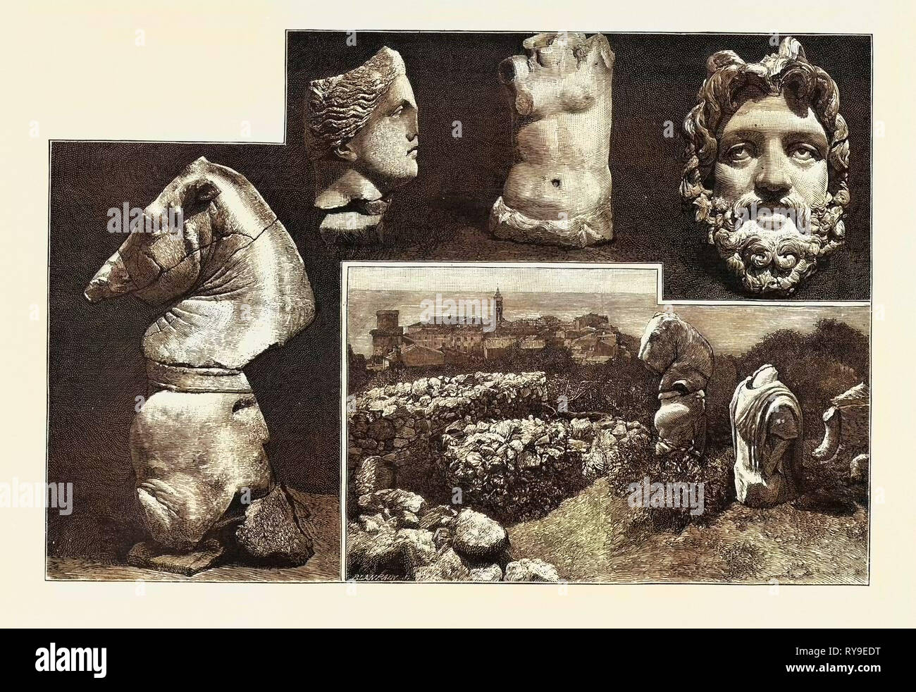 Discovery of Roman Remains at Civita Lavinia the Ancient Lanuvium, Italy, Engraving 1884 Stock Photo