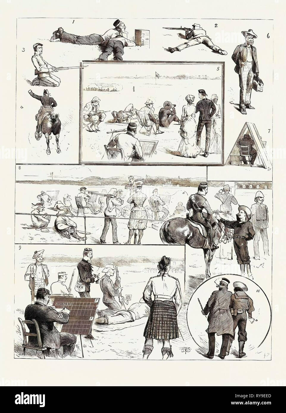 Volunteer Camp Windsor, I. Sleeping Partners. 2. Military Position, 3. In Flagrante Delicto. 4. Hi, Sir I What the  5. The Humphrey Cup. 6. A Commercial Speculation. 7. A Tight Fit. 8. The First Stage Queen's. 9. The Graphic ! Best of Chums, Engraving 1884, UK, Britain, British, Europe, United Kingdom, Great Britain, European Stock Photo