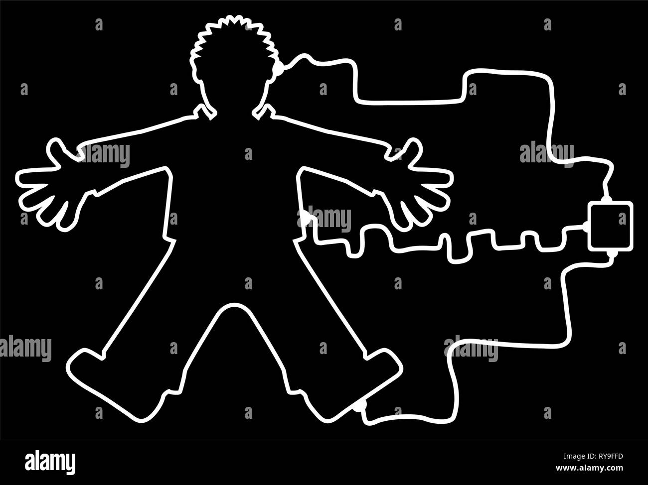 Body outline connected to unknown device, white lines on black, vector illustration, horizontal
