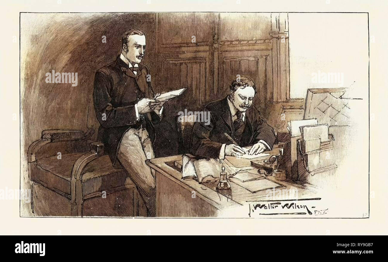 A Division in the House of Commons: The Opposition Whips: Sir William Walrond and Mr. Akers-Douglas, UK, 1893 Engraving Stock Photo