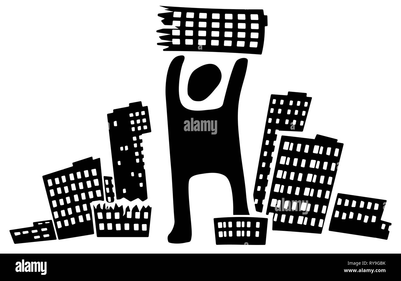 City destroying figure stencil black, vector illustration, horizontal, over white, isolated Stock Vector