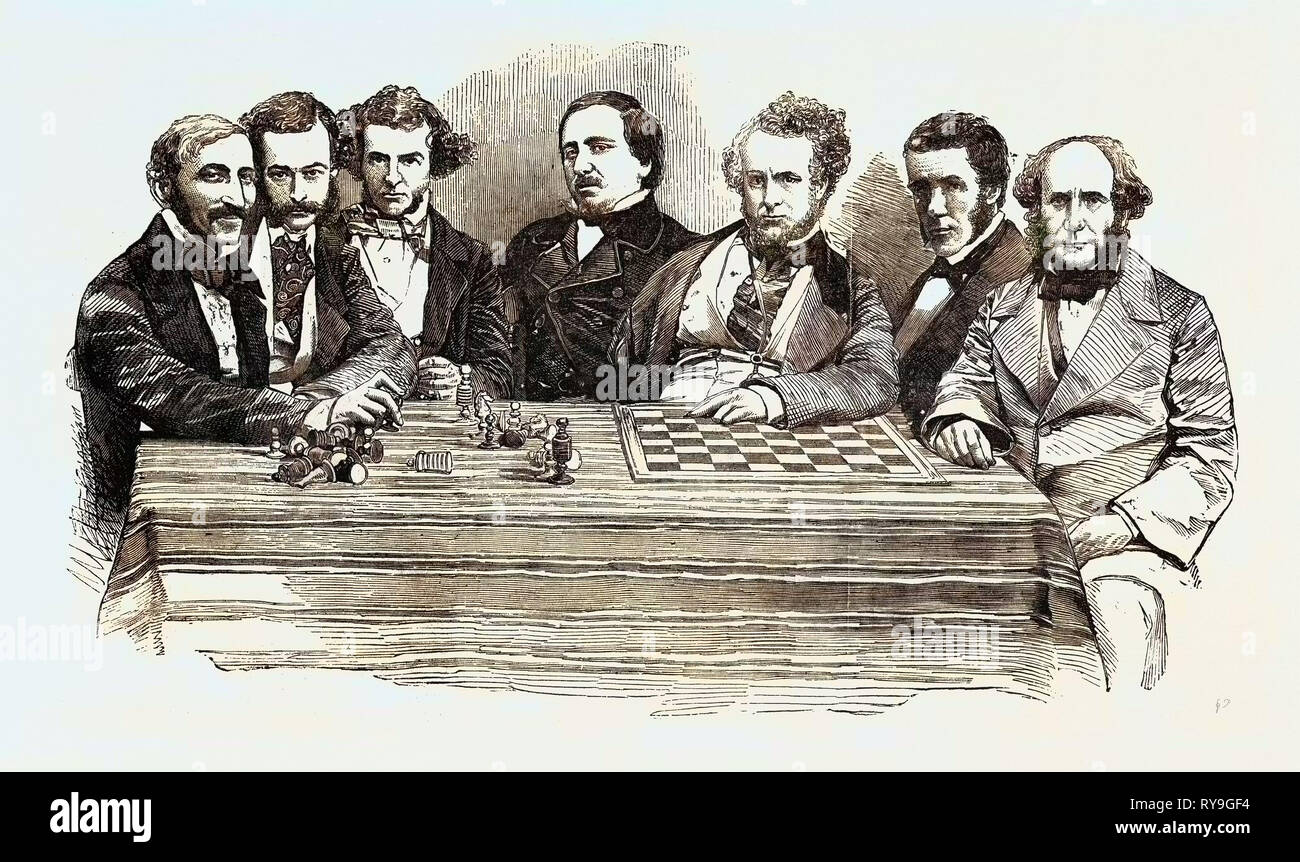 Chess Celebrities at the Late Chess Meeting, July 14, 1855, Herr Lowenthal, M. De Riviere, Mr. Wyvill, M.P., Herr Falkbeer, Mr. Staunton, Lord Lyttelton, Captain Kennedy Stock Photo