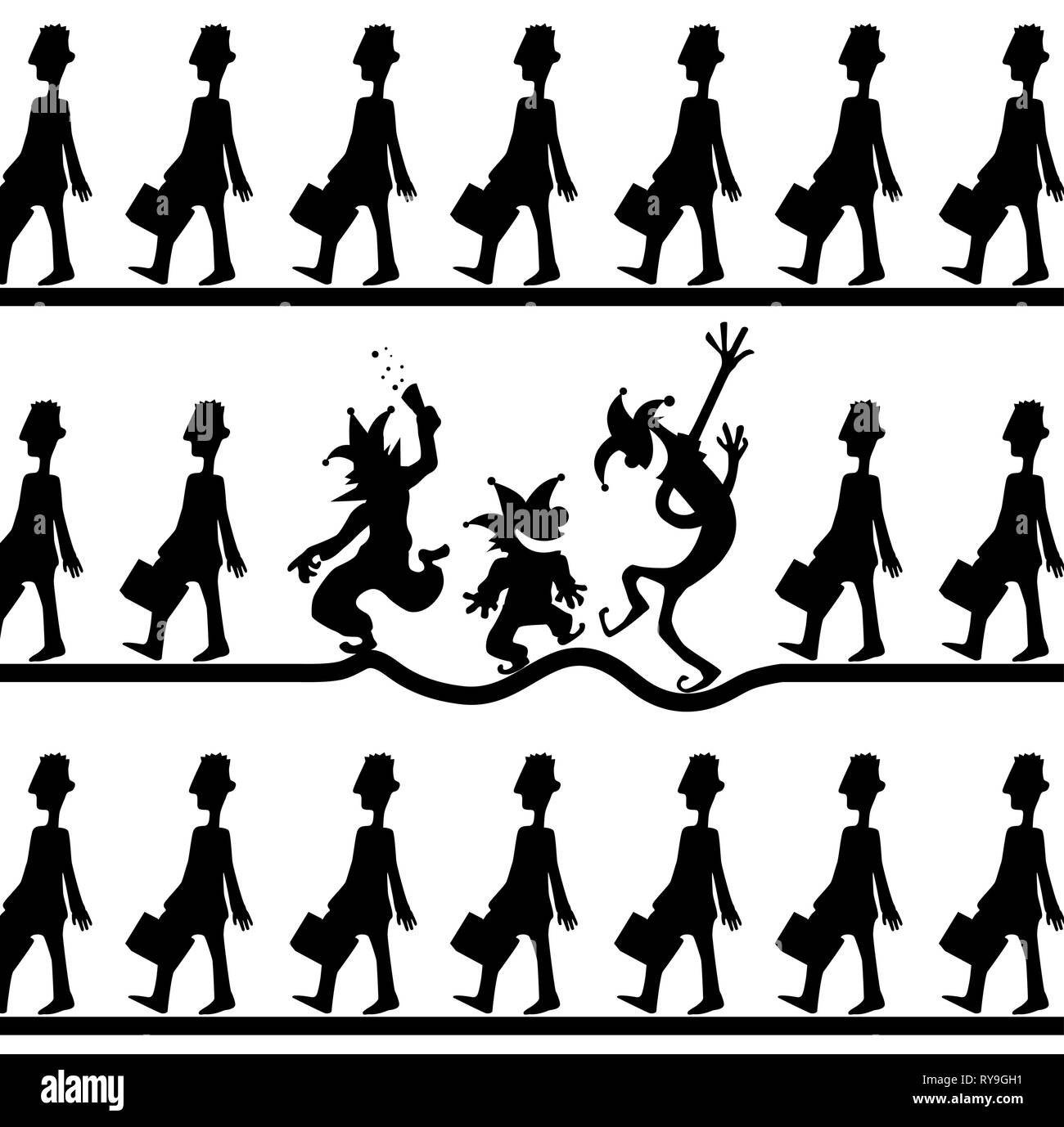 Conformity fun cartoon clown black silhouettes, vector illustration, horizontal, over white Stock Vector