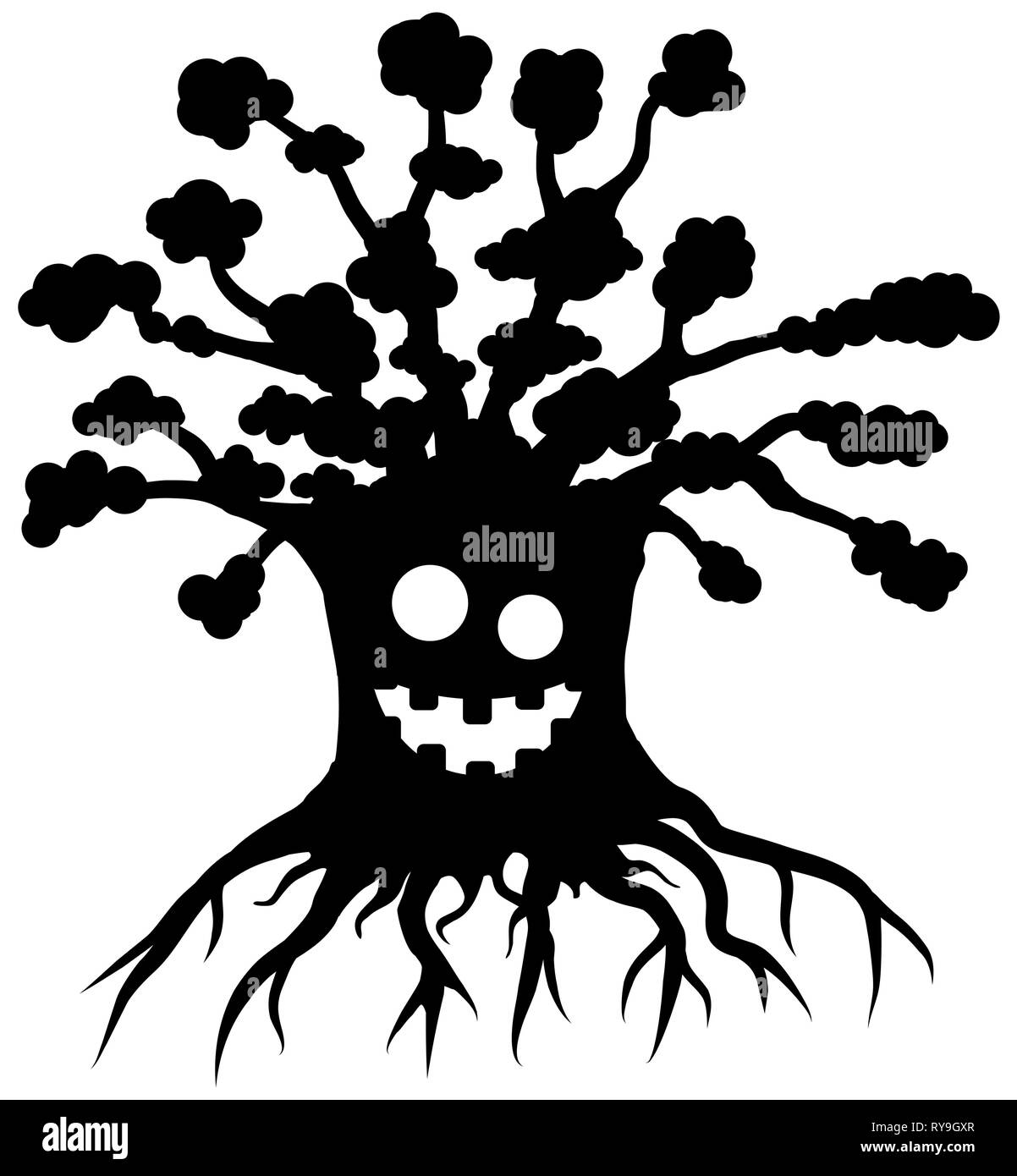 Crazy tree cartoon character black silhouette, vector illustration