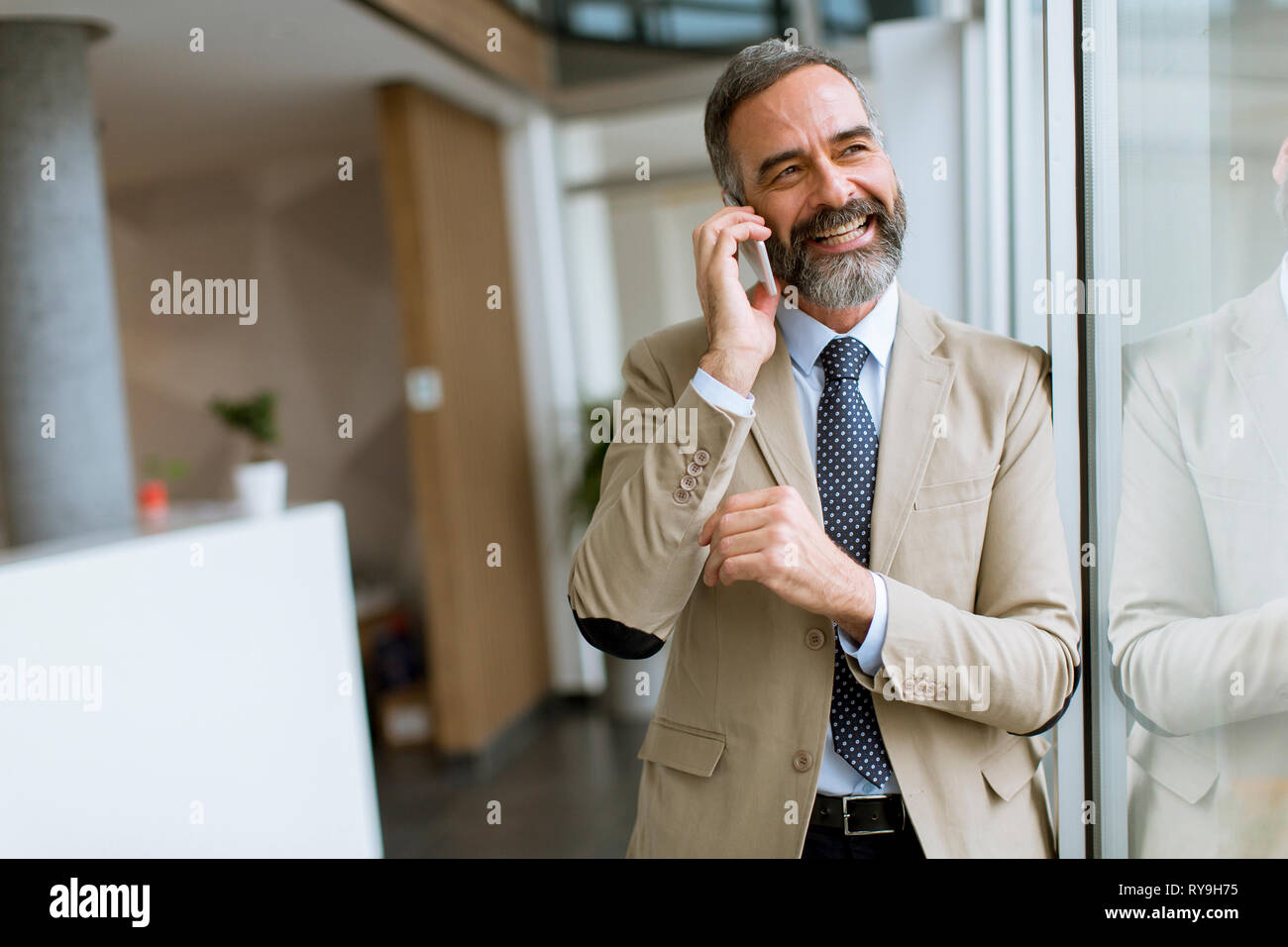 Handsome mature businessman using mobile phone in the office Stock ...