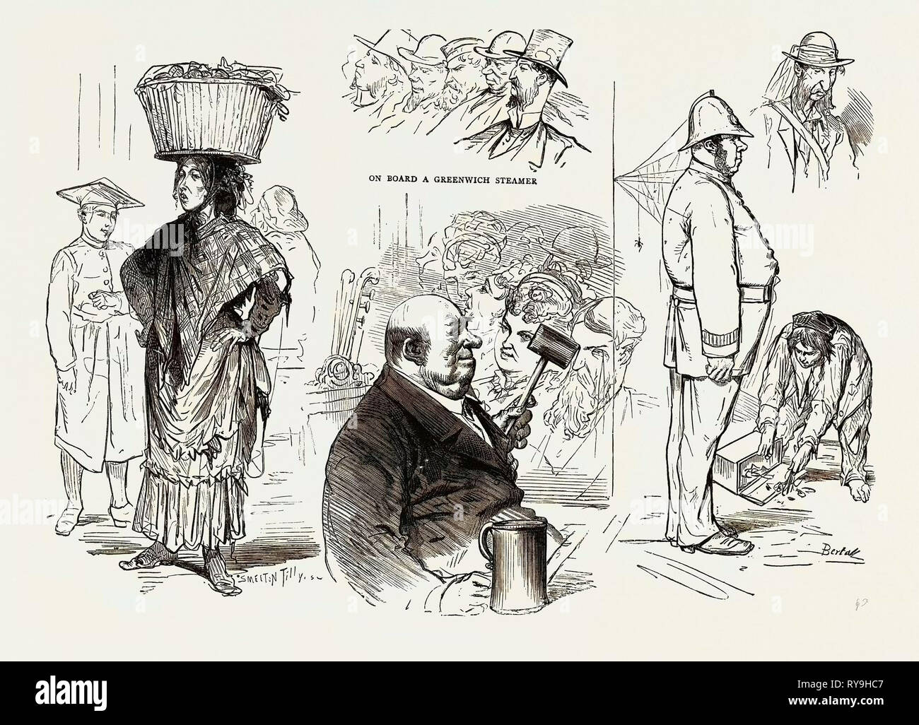 Pictures of London by a French Artist: Chairman of a Musical Meeting -Ten Pints an Hour, the British Policeman - Calm and Steady at His Post, a Street Fruit Seller, on Board a Greenwich Steamer, a Bona Fide Traveller Stock Photo