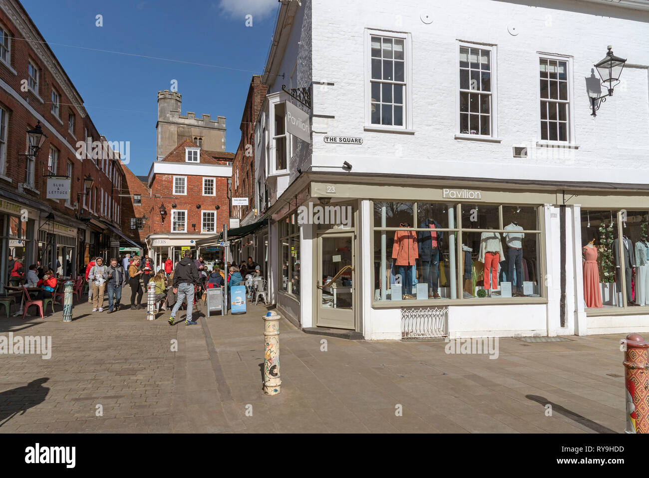 Winchester, Hampshire, England, UK. The Square a popular shopping and meeting place in the city centre of Winchester. Stock Photo