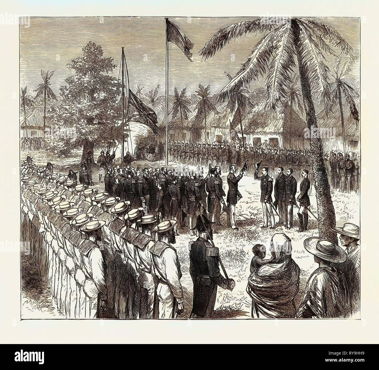 The Recent Outrage on the British Consul at Guatemala: The Guatemalan Troops Saluting the British Flag in the Plaza, San José, 4th September, 1874 Stock Photo